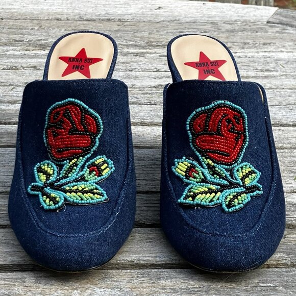 🌹Anna Sui x INC "Maddiee" Denim Rose Clogs Mules Heels - Size 7M - Picture 2 of 15